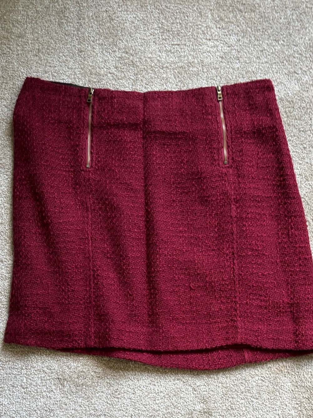 LOFT Burgundy Bouclé Mini Skirt with Gold Zippers